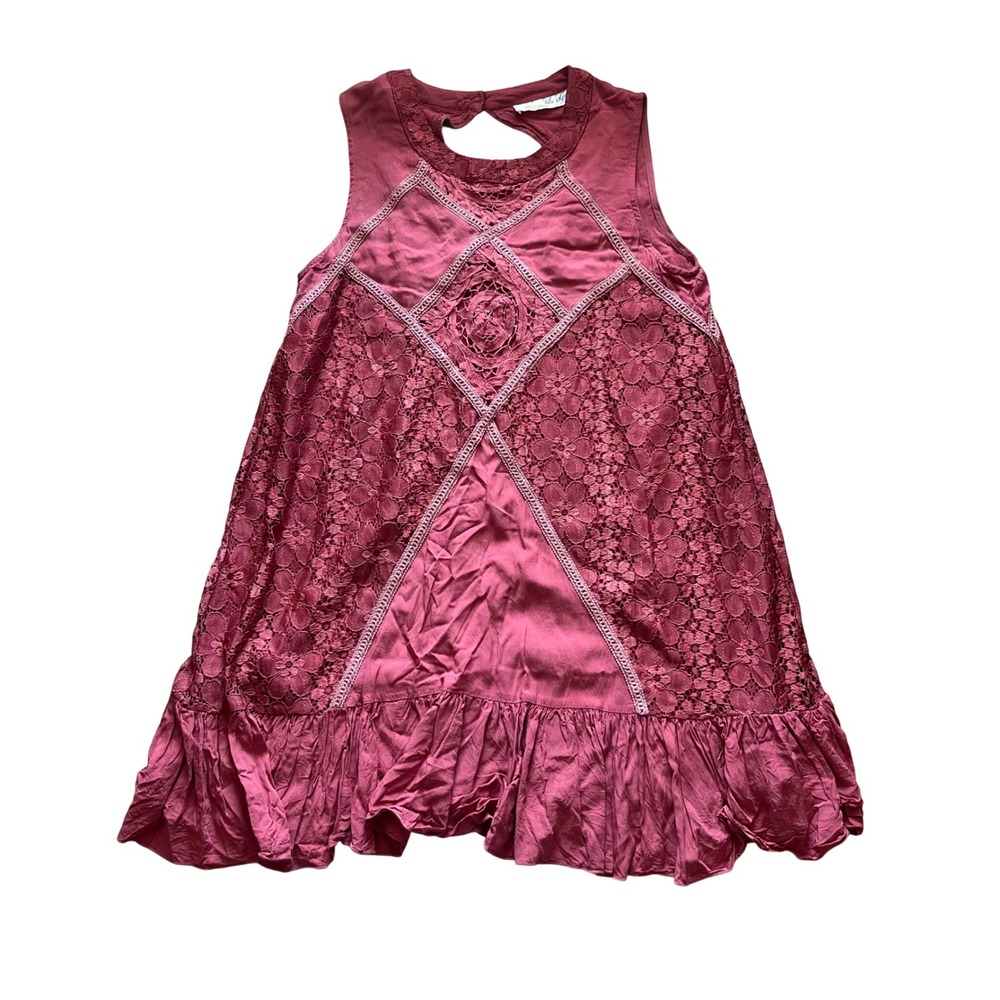 Lela Sky Burgundy Lace Boho Sleeveless Tunic Top Ruffle‎ Hem Keyhole Back Small